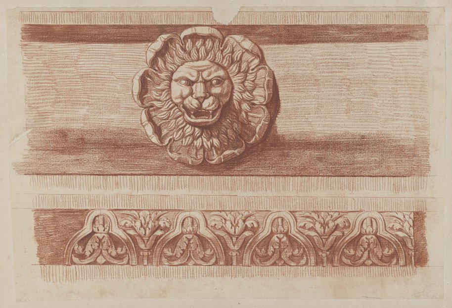 Auflichtaufnahme Mit Rötel gefertigte Frontalansicht eines Wasserspeiers in Form eines Löwenkopfs und Kyma vom Dioskurentempel auf dem Forum Romanum