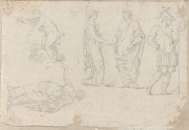 Visible reflectance photograph Black chalk drawing of five figure studies. The lower left figure is turned at a right angle to the edge of the sheet.