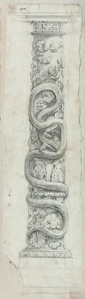 Infrared false-colour photograph Column with bearded snake, vine and leaf motifs, drawn in black pen