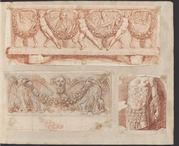 Auflichtaufnahme Reliefs mit Portätbüsten, mit bärtiger Maske, Panzerstatuentorso