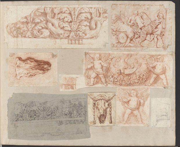 Auflichtaufnahme Fries mit Delphinen, Eroten- und Hetzjagd-Reliefs, Löwengesims