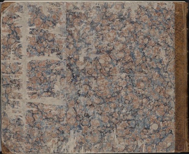 Auflichtaufnahme Rückdeckel mit blau und rot gemustertem Steinmarmorpapieren und an den Ecken und am Rücken mit braunem Leder bezogen