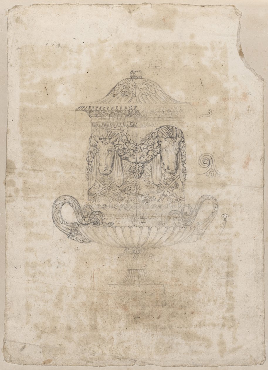 Visible reflectance photograph Black chalk drawing of the so-called Lyde-Browne vase with detailed drawn bucrania and festoon ornamentation in frontal view, touched up with red chalk