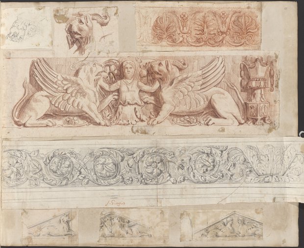 Auflichtaufnahme Konsole, figur- und rankenschmückte Friese und Sarkophaggiebel