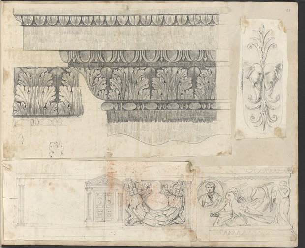 Auflichtaufnahme Sockelgesims, Pteryges mit Elefantenköpfen, Sarkophagrelief