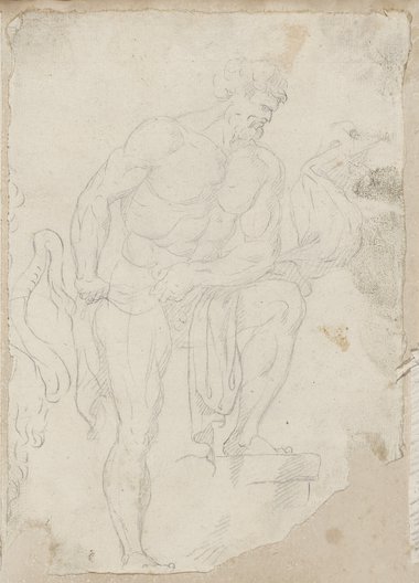 Visible reflectance photograph Black chalk drawing of a male nude with a leg resting on a pedestal in profile view