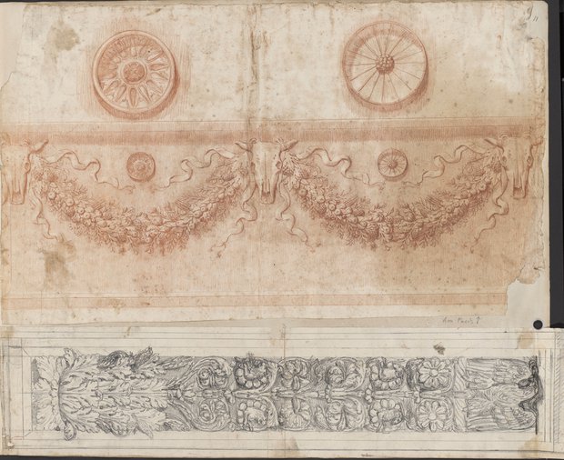 Auflichtaufnahme Fries mit Bukranien und Girlanden und Rankenpilaster quer