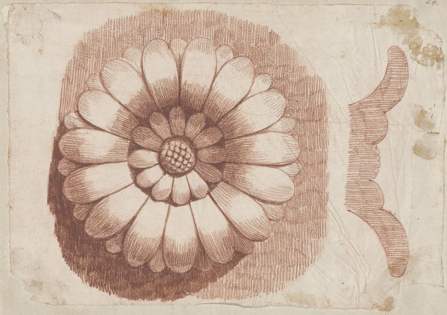 Auflichtaufnahme Floral inspirierte Rosette, wohl vom Konstantinsbogen, in Rötel gezeichnet mit Profilriss rechts