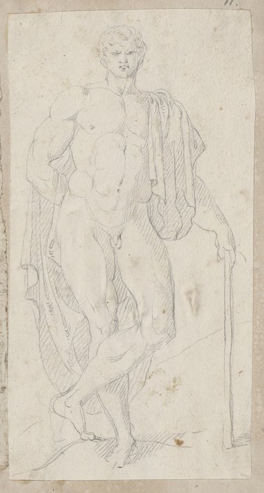 Auflichtaufnahme In schwarzer Kreide gezeichnete Frontalansicht einer stehenden männlichen Aktfigur mit überkreuzten Beinen, sich auf einen Stab stützend