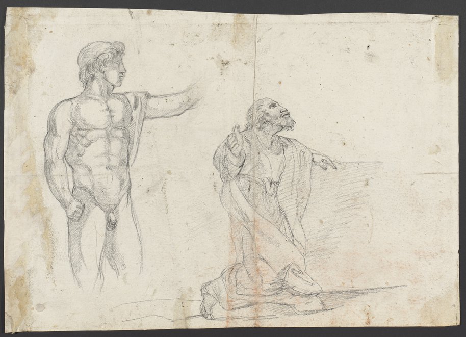 Auflichtaufnahme Schwarze Stift- und Kreidezeichnungen zweier Figuren: links Dioskur vom Monte Cavallo mit ausgestrecktem linken Arm , rechts kniender bärtiger Mann mit ausgebreiteten Armen