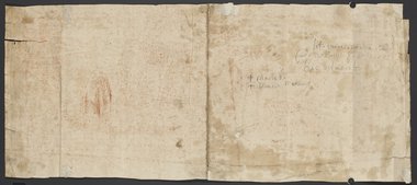 Auflichtaufnahme Blattrückseite mit Rötel-Skizze einer Federspitze und händischer Inschrift