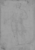 UV-Reflektografie Schwarze Kreidezeichnung einer männlichen Figur in Frontalansicht, mit schreitender Pose und in die Hüfte gestütztem linken Arm