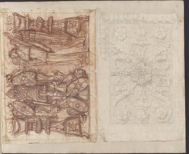 Auflichtaufnahme Relief mit Viktoria und Trophäen quer, Soffitte mit Blüte