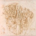 Infrarot-Falschfarben-Aufnahme Rötelzeichnung vom Fragment eines Wannensarkophags mit Löwenkopf aus der Villa Albani