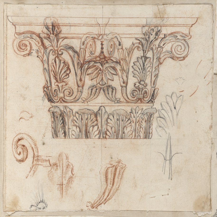 Auflichtaufnahme Rötel- und Kreidezeichnung eines Kapitells aus der Hadriansvilla in Tivoli sowie Detailstudien