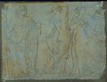 UV-Fluoreszenz-Aufnahme Kreidezeichnungen dreier Figuren in Frontalansicht, Bacchus, tanzende Mänade und Mänade mit Zither