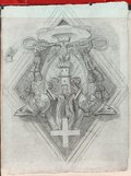 Infrarot-Falschfarben-Aufnahme Zeichnung einer rautenförmigen Wappenkartusche, gefüllt unter anderem mit griechischem Kreuz, Trophäen, Festungsturm und bekröntem Adler als  Entwurf für den Deckenstuck in der Kirche Santa Maria del Priorato