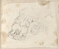 Visible reflectance photograph Perspective drawing of a reclining corbel with seahorse motif, drawn in black chalk