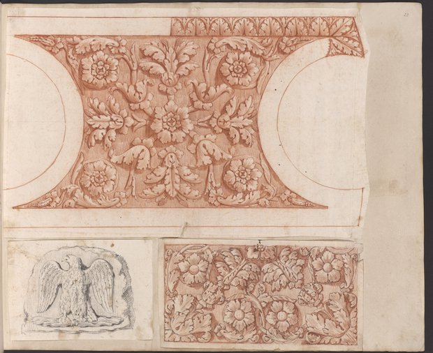 Auflichtaufnahme Zwei Soffitten mit Blattwerk und Blüten, Adler Relieffragment
