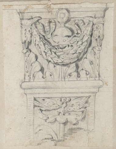 Visible reflectance photograph Chalk drawing of a pilaster capital depicting a garland strung between bucrania