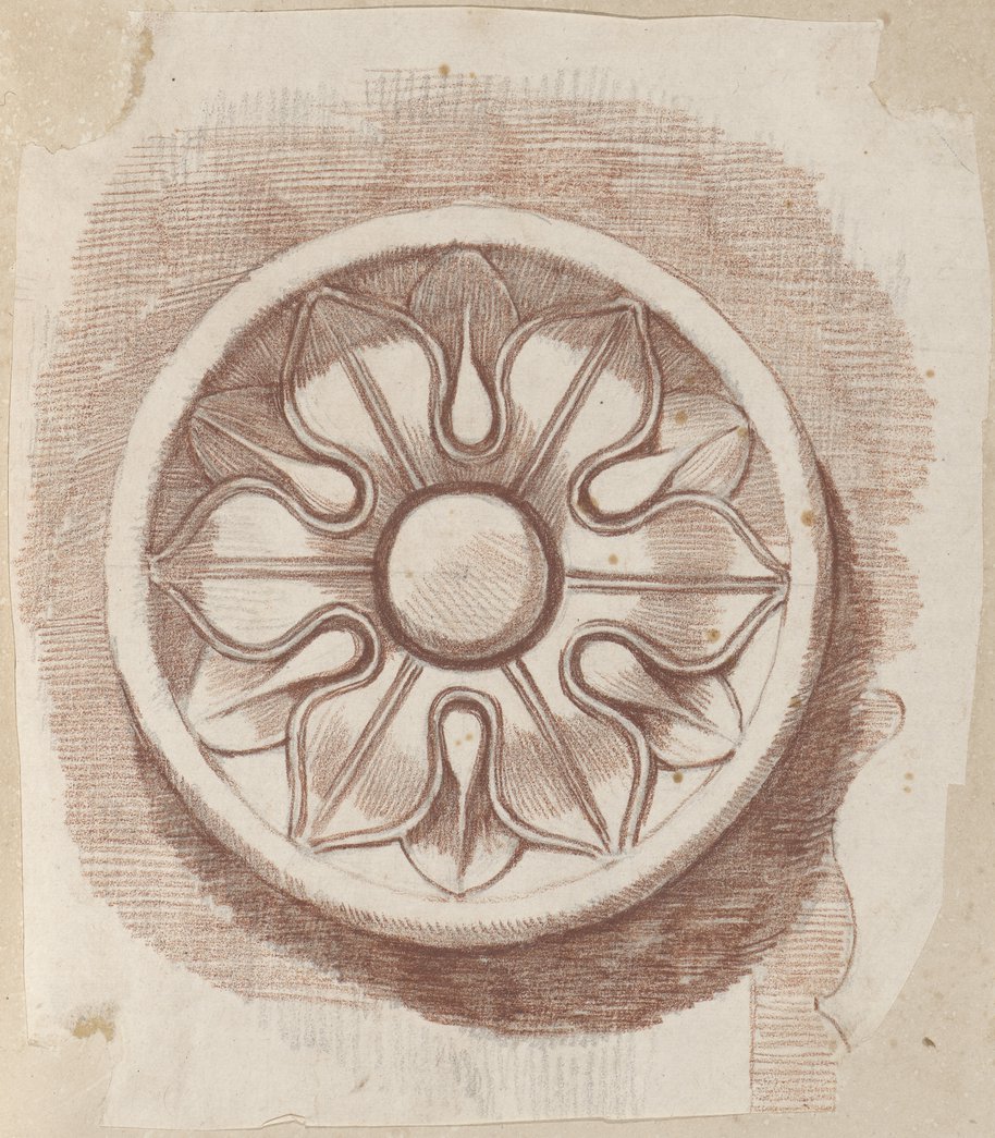 Auflichtaufnahme Rosette, vermutlich aus der Hadriansvilla, in Rötel und schwarzer Kreide gezeichnet