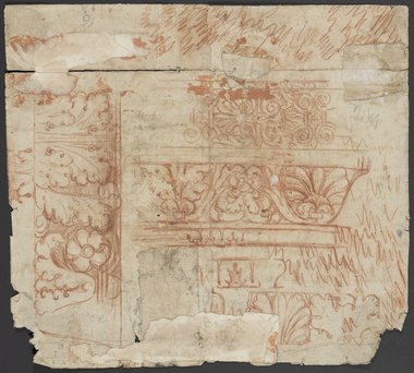 Visible reflectance photograph Red chalk drawn Palmette and acanthus ornaments from the baptistery of San Giovanni in Laterano and densely set pen testing marks