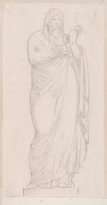 Infrarotreflektografie Frontalansicht einer stehenden weiblichen Gewandfigur mit schwarzer Kreide gezeichnet