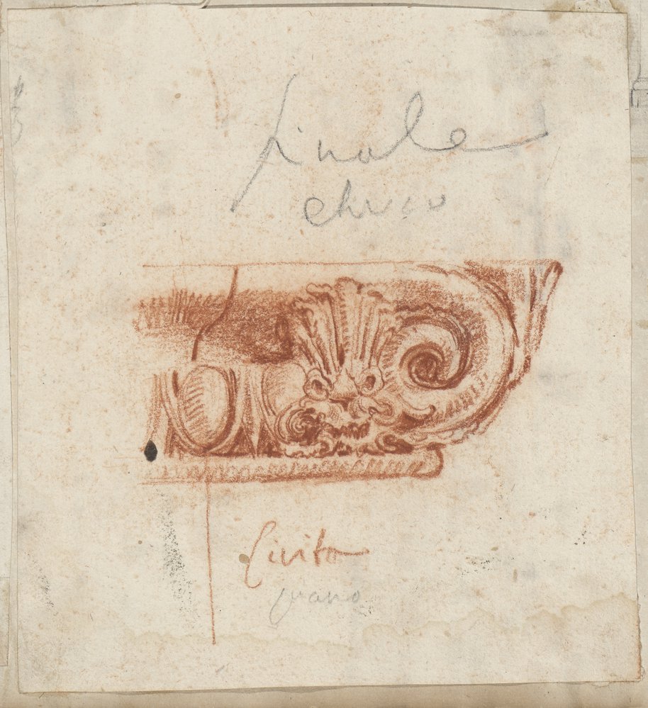 Visible reflectance photograph Red chalk drawing of an Etruscan capital above and below with annotations in Giovanni Battista Piranesi's handwriting