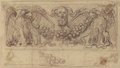 UV false-colour photograph Red chalk drawing over black chalk preliminary drawing of a relief with a bearded mask and two eagles carrying a garland of fruit, from the garden facade of the Palazzo Barberini