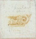 Infrarot-Falschfarben-Aufnahme Rötelzeichnung eines etruskischen Kapitells oben und unten mit Vermerken in der Handschrift Giovanni Battista Piranesis