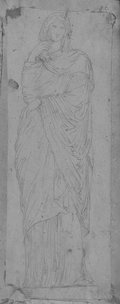 UV reflectance photograph Standing female robed figure in the pose of a Pudicitia, drawn with black chalk