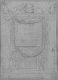 UV-Reflektografie In schwarzer Kreide gezeichnete Aschenurne mit Portal und Inschriftentafel, Girlande und Genien
