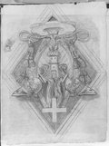 Infrarotreflektografie Zeichnung einer rautenförmigen Wappenkartusche, gefüllt unter anderem mit griechischem Kreuz, Trophäen, Festungsturm und bekröntem Adler als  Entwurf für den Deckenstuck in der Kirche Santa Maria del Priorato