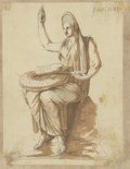 UV false-colour photograph Light brown washed pen and chalk drawing of the seated female figure of Hygieia with a curled snake on her lap, from the Giustiniani Collection