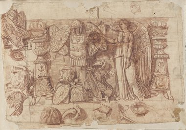 Auflichtaufnahme Mit Rötel sehr detailreich gezeichnetes Relief mit geflügelter Viktoria und zahlreichen Trophäen aus der Domus Flavia auf dem Palatin