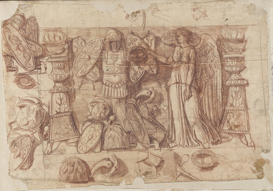 Auflichtaufnahme Mit Rötel sehr detailreich gezeichnetes Relief mit geflügelter Viktoria und zahlreichen Trophäen aus der Domus Flavia auf dem Palatin