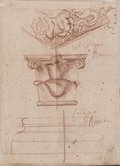 Auflichtaufnahme Giebelseite eines Sarkophagdeckels (auf dem Kopf stehend), Kapitell und Säulenbasis aus dem Collegio Romano, mit Rötel gezeichnet