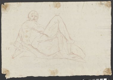Auflichtaufnahme Rötel-Skizze einer lagernden, rücklinks umgewandten männlichen Figur nach Michelangelos Allegorie der Nacht vom Grabmal des Giuliano de'Medici