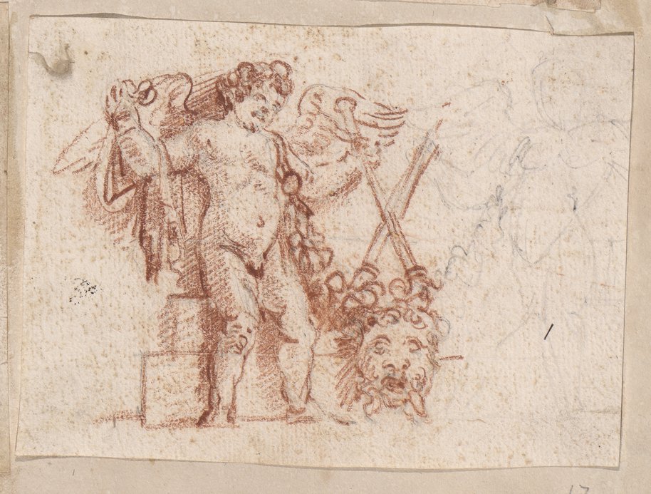 Auflichtaufnahme Rötelzeichnung eines Reliefs mit zwei Eroten und Fackeln, Girlande und Maske aus der Villa Doria Pamphili