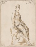 Visible reflectance photograph Light brown washed pen and chalk drawing of a nymph sitting on a rock, facing the right edge of the picture in a slight side view, from the Lancelotti Collection