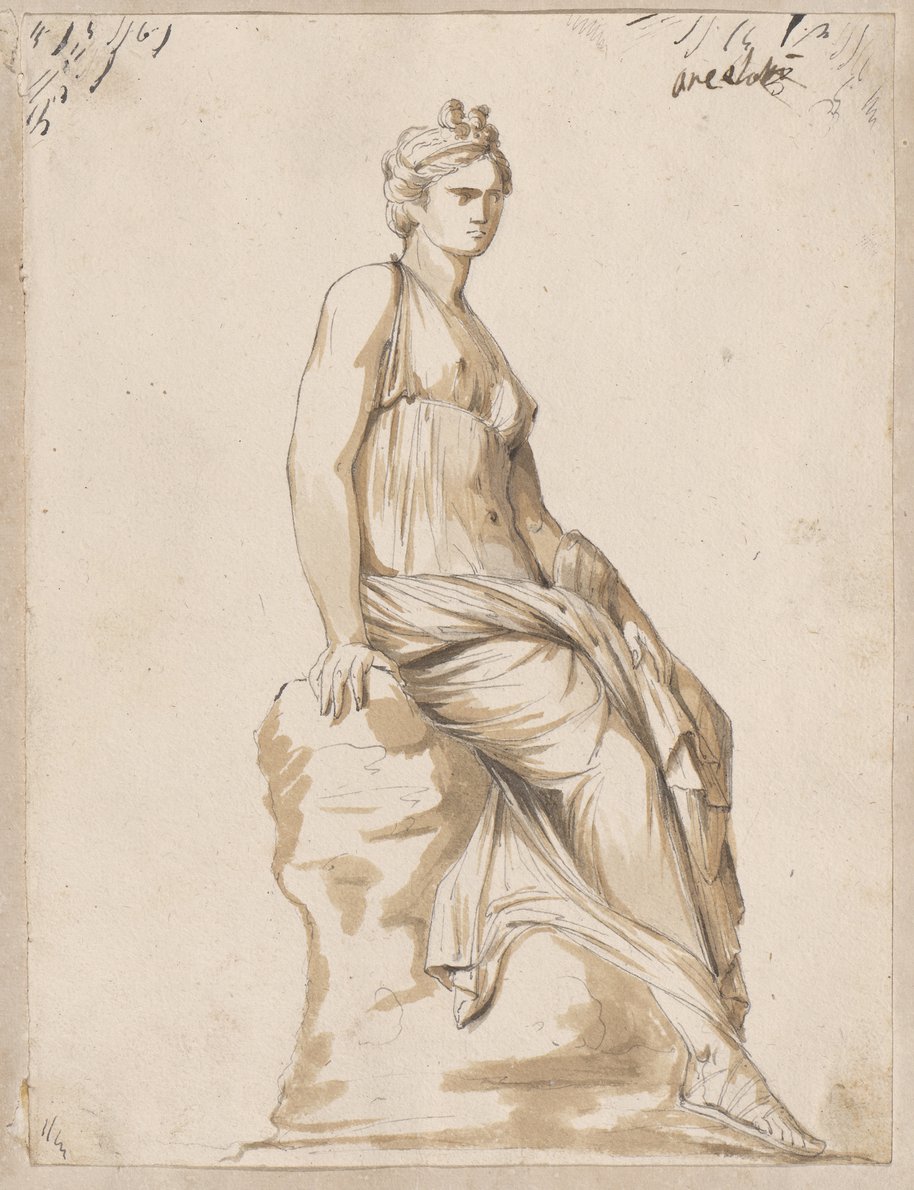 Visible reflectance photograph Light brown washed pen and chalk drawing of a nymph sitting on a rock, facing the right edge of the picture in a slight side view, from the Lancelotti Collection