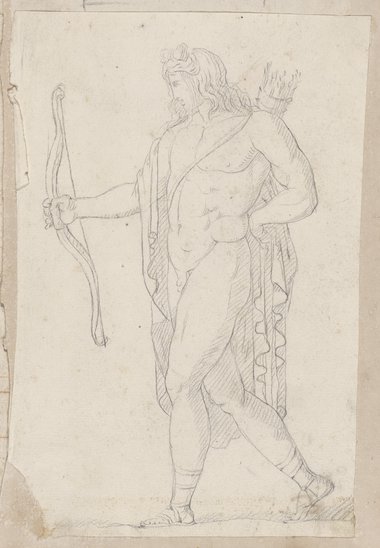 Auflichtaufnahme Schwarze Kreidezeichnung einer schreitenden, männlichen Figur mit Köcher und Bogen