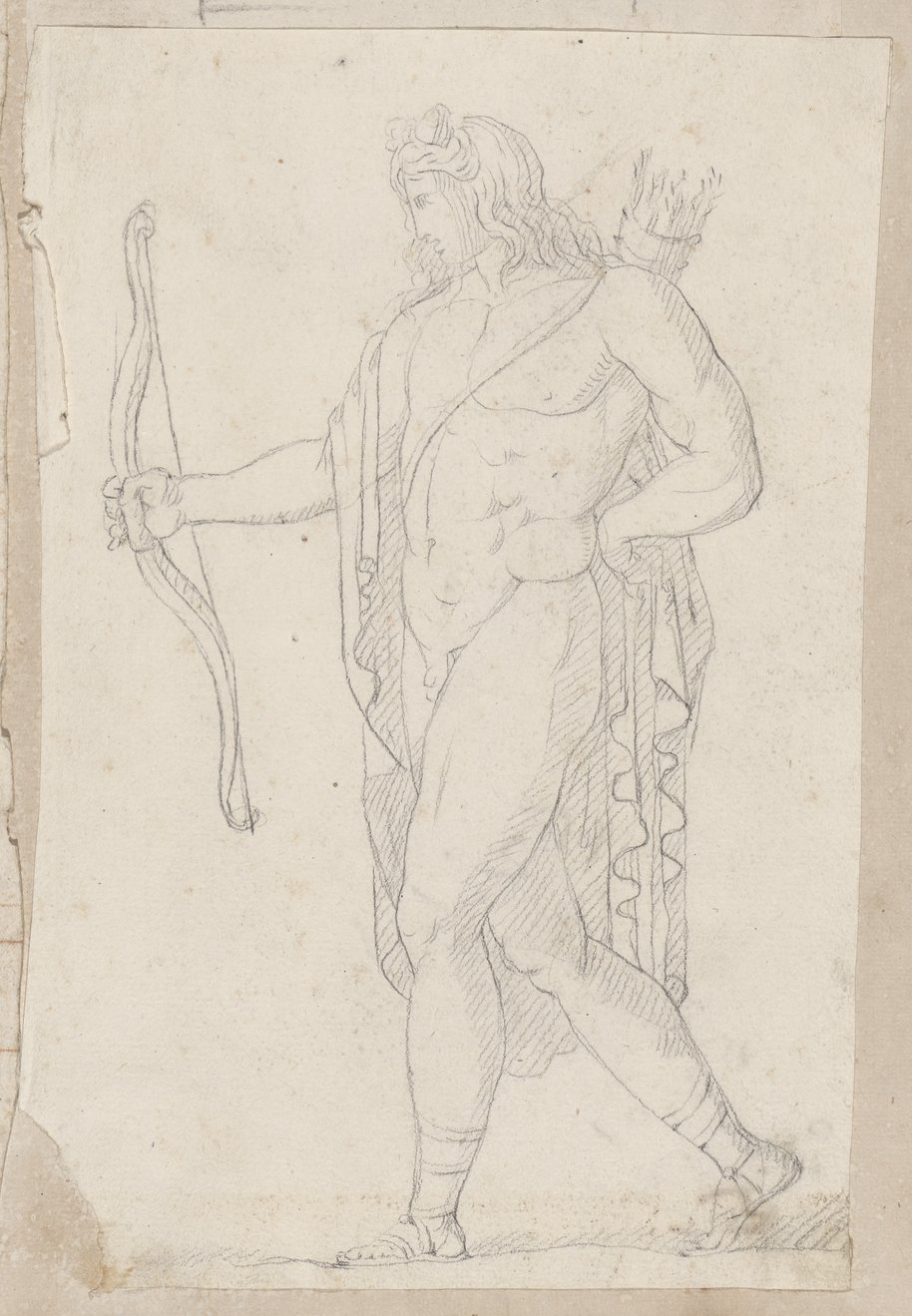 Visible reflectance photograph Black chalk drawing of a striding male figure with quiver and bow