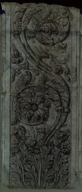 UV-Fluoreszenz-Aufnahme Senkrecht aufsteigendes Wellenrankenrelief in der Villa Medici (Medici-Ranke) mit Rötel gezeichnet