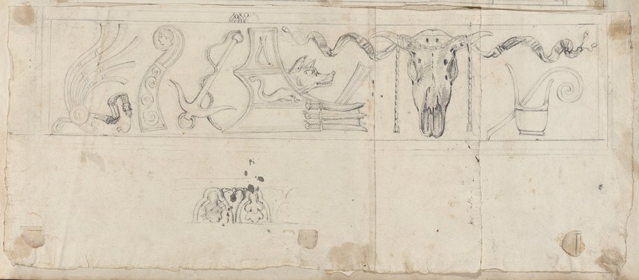 Visible reflectance photograph Section of a frieze with bucrania, ritual implements and ship trophies from the Palazzo dei Conservatori, drawn in black chalk