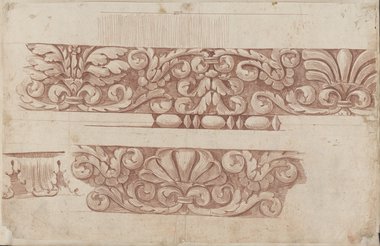 Visible reflectance photograph Red chalk drawing of a frieze with palmette and bead and reel motifs, arranged in two rows
