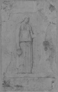 UV-Reflektografie Mit schwarzer Kreide gezeichnetes Fragment eines Reliefs mit einer weiblichen Figur in Profilansicht aus einer Isisprozession