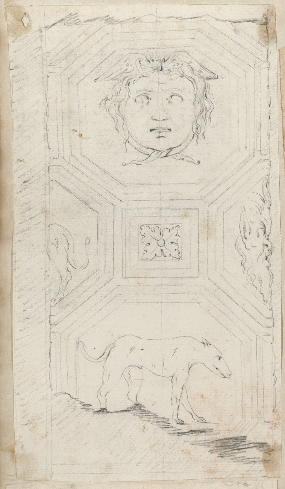 Auflichtaufnahme Kassettiertes Säulenfragment mit Masken, Hunden und Rosetten, in Kreide gezeichnet