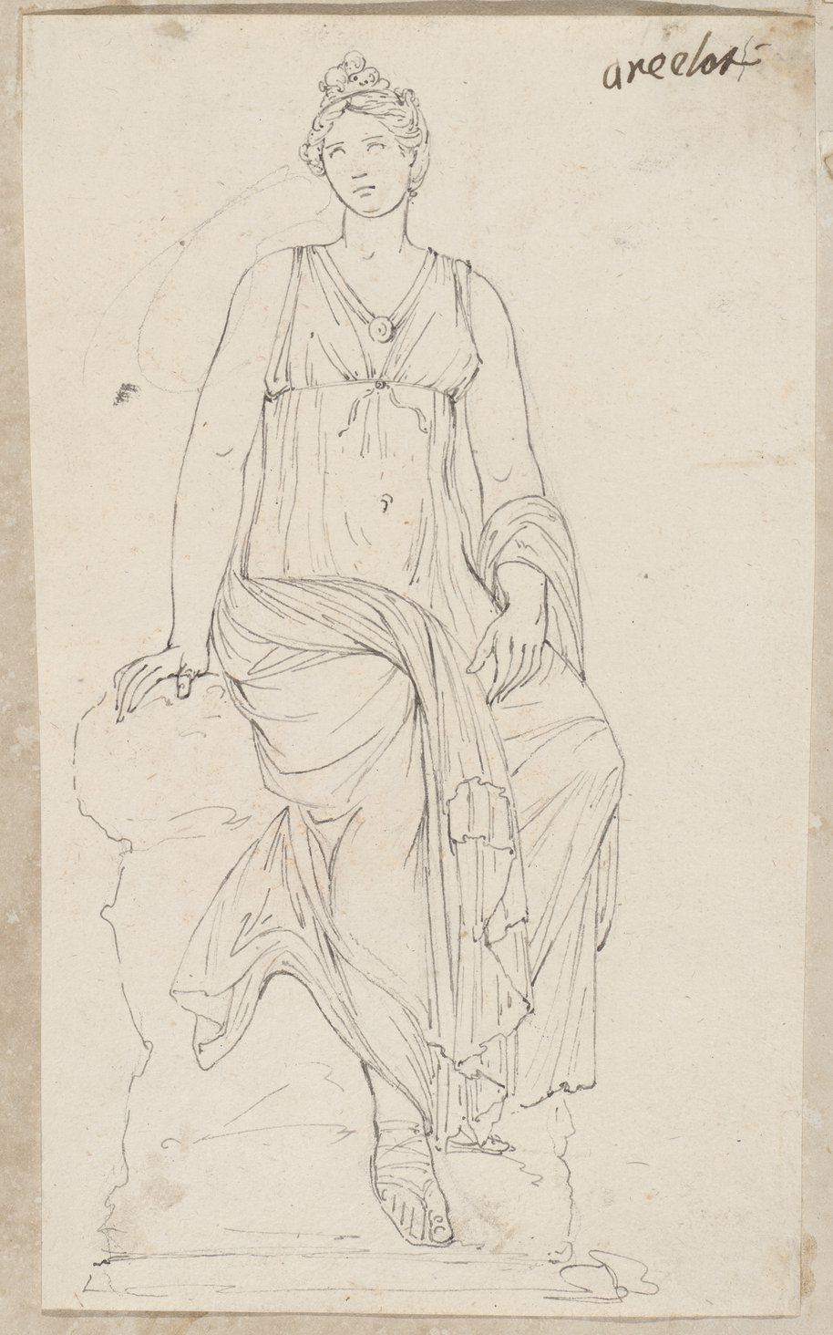 Auflichtaufnahme Federzeichnung einer auf Podest sitzenden Nymphe in Frontalansicht aus der Sammlung Lancelotti