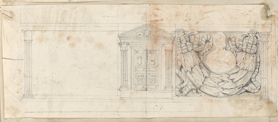 Auflichtaufnahme Zeichnung eines Sarkophagreliefs mit zentralem Portal, rechter Hand detailliert ausgeführte Relieffüllung mit Girlande und Büste, linker Hand leeres Feld
